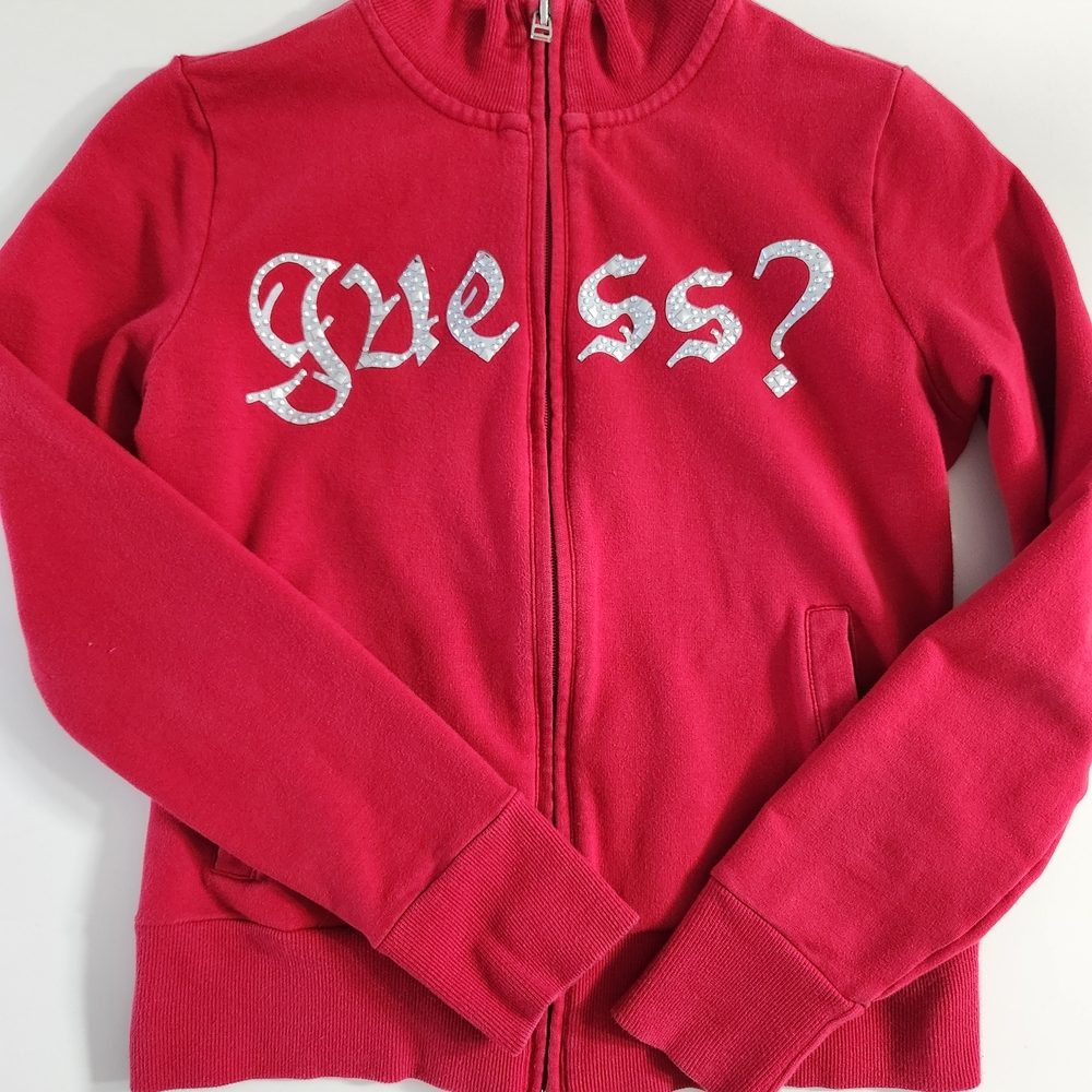GUESS Y2K Women's Red Track Jacket with Silver Embellished Logo